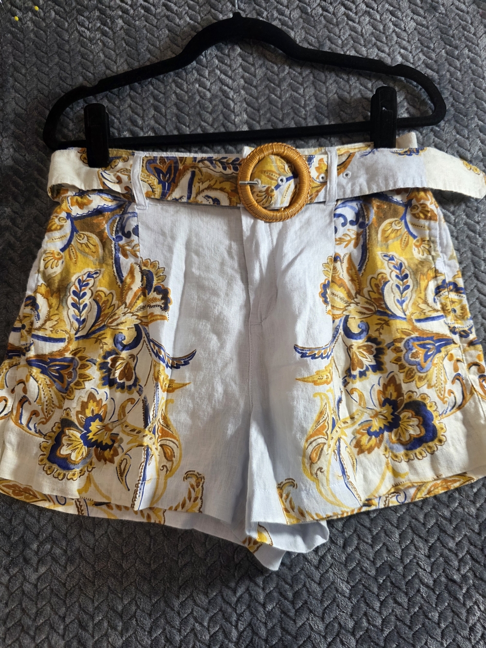 Joie White Shorts with Yellow & Blue Floral Print and Woven Belt